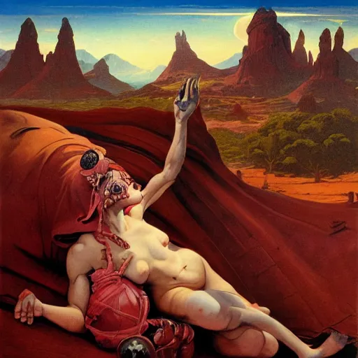 Prompt: journey of Bucolic gaze death wisdom Bedouin under crimson azure diamond sky, in the style of Frank Frazetta, Jeff Easley, Caravaggio, extremely clear and coherent, clear lines, 8K revolution