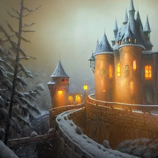 Image similar to Evil castle ,inspired by Evgeny Lushpin,George, greg rutkowski winter,nighttime,cinematic,art station