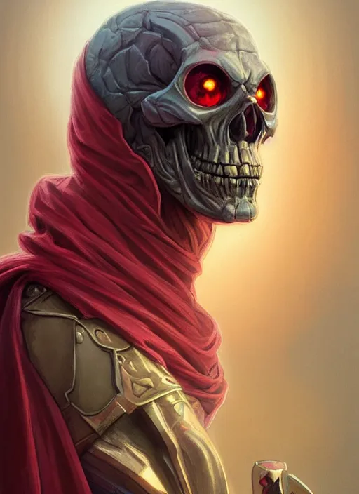 Image similar to portrait of skeletor, red glowing eyes, cloak, fantasy, extremely detailed, digital painting, artstation, concept art, smooth, sharp focus, illustration, stunning lighting, art by artgerm and alphonse mucha and simon stalenhag, realistic character concept, high fantasy, light atmosphere, golden ratio, cinematic