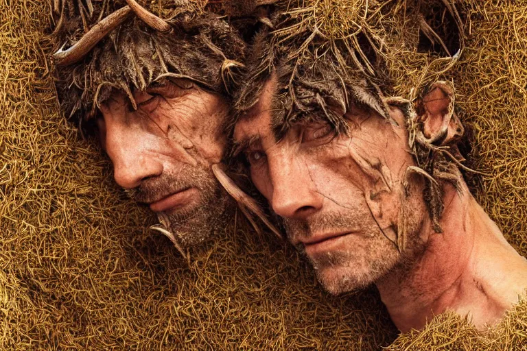 Prompt: portrait of a tyrolean farmer, wearing hay coat, with horns, visible muscles and veins and arteries and bones and spines and nerves, flowers growing out of his body, beautiful detailed intricate insanely detailed octane render, 8k artistic photography, photorealistic, chiaroscuro, by David Cronenberg, Raphael, Caravaggio