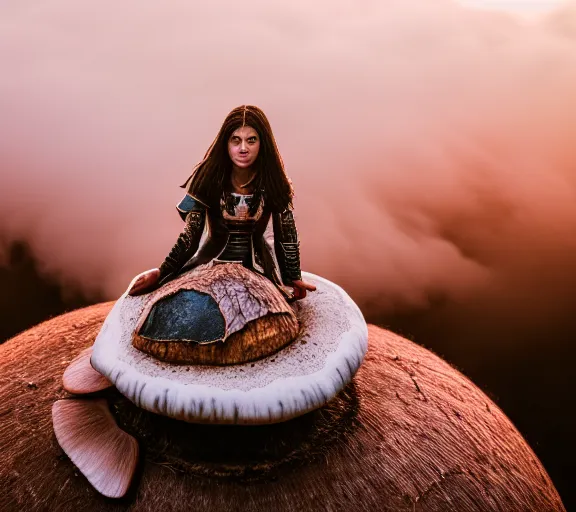 Image similar to a portrait of a female warrior sitting on a giant mushroom that covers a whole town and reaches above the clouds. intricate. lifelike. soft light. sony a 7 r iv 5 5 mm. cinematic post - processing