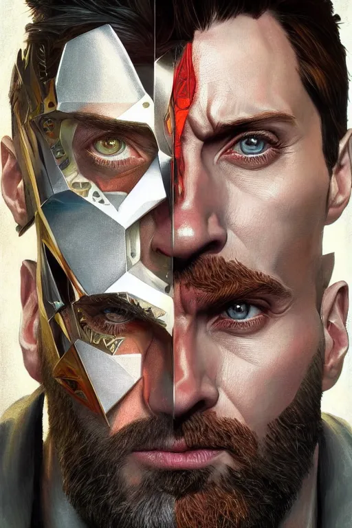 Image similar to symmetry!! portrait of hugh jackman in the boys in the style of god of war, machine parts embedded into face, intricate, elegant, highly detailed, digital painting, artstation, concept art, smooth, sharp focus, illustration, art by artgerm and greg rutkowski and alphonse mucha, 8 k