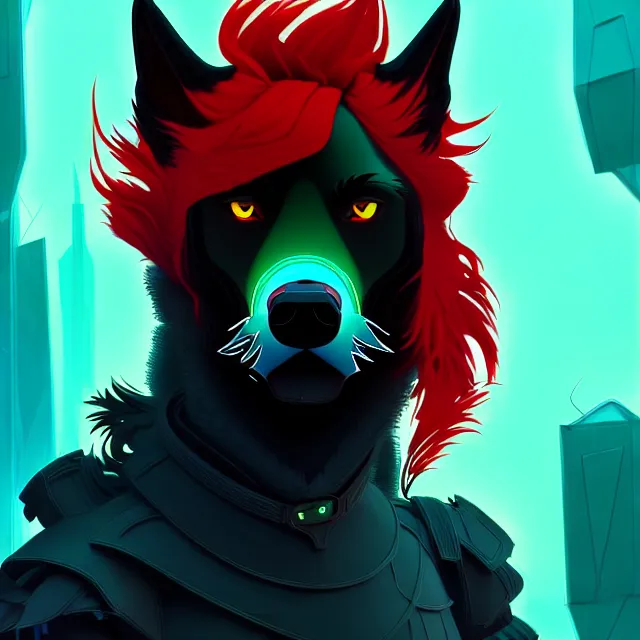 Image similar to portrait of a anthropomorphic black male wolf with long red hair wearing futuristic armor in a futuristic city | | concept art, 4 k, green color scheme, volumetric lighting, highly detailed, by cory loftis trending on artstation