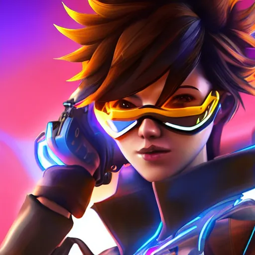 Image similar to digital dramaticly lit artwork of tracer from the game overwatch