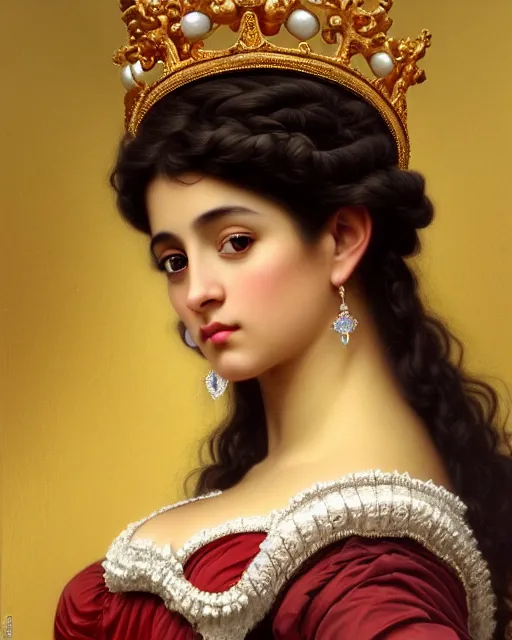 Prompt: photo of a gorgeous young latina woman wearing elaborate heavy baroque jewelry and crown and rococo ornaments in the style of stefan kostic, realistic, sharp focus, symmetric, 8k high definition, insanely detailed, intricate, elegant, art by stanley lau and artgerm, William-Adolphe Bouguereau, Penelope Cruz