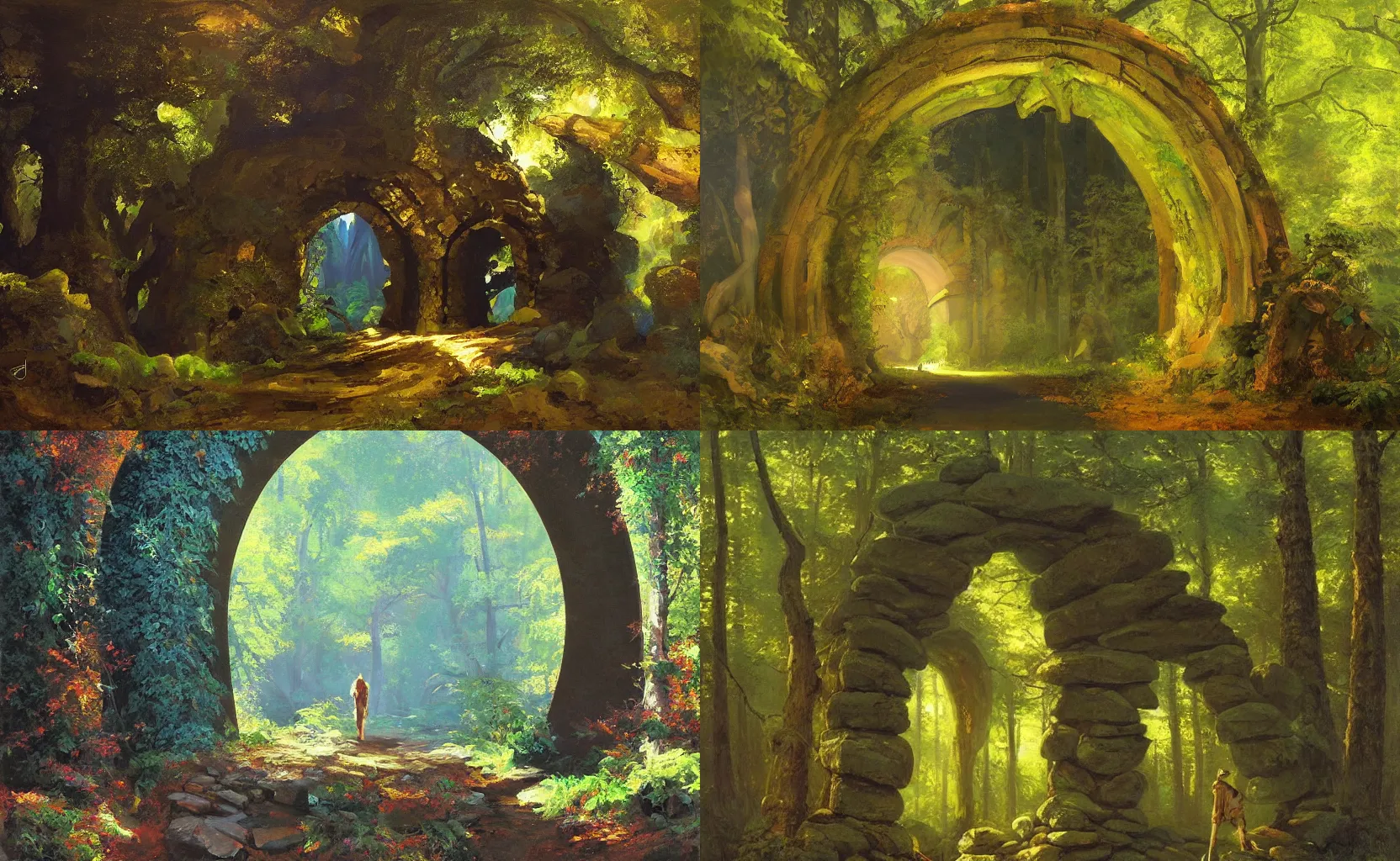 Prompt: A stone arch in a deep dark forest leading to an enchanted spiraling portal, fantasy painting by Karl Gustav Rodde and Ben Aronson