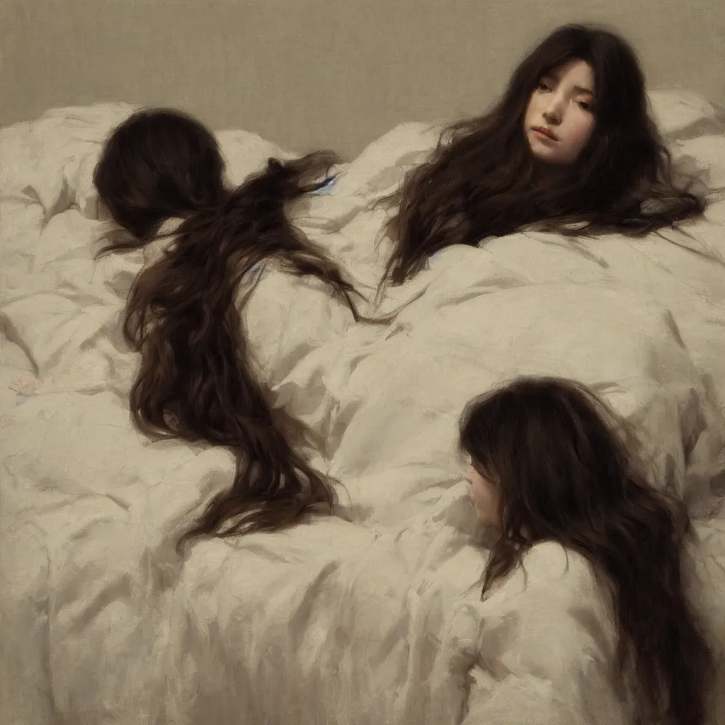 Image similar to girl with long wavy hair, in kimono, backview, sitting on edge of bed, by jeremy lipking, serge marshennikov, joseph todorovitch