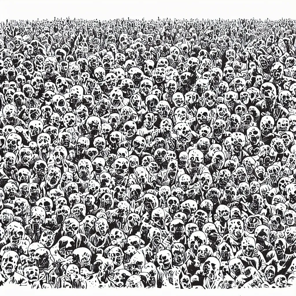 Image similar to risograph of zombies in a field, minimalist,