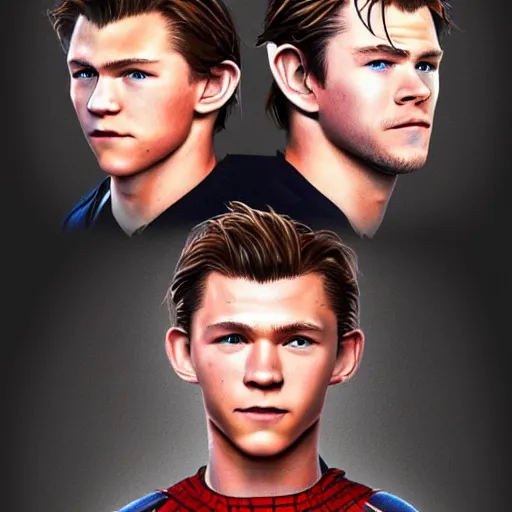 Image similar to Tom Holland and Chris Hemsworth crossbreed, illustrated and rendered by Xie Boli, trending on artstation, 4k, 8k, photorealistic imagery, photorealistic details, intricate, highly detailed