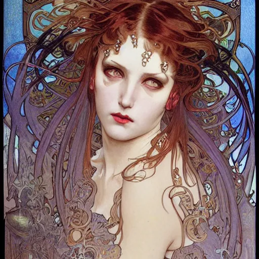 Prompt: realistic detailed face portrait of the Demon Lilith by Alphonse Mucha, Ayami Kojima, Amano, Karol Bak, Greg Hildebrandt, and Mark Brooks, Art Nouveau, Neo-Gothic, gothic, rich deep colors