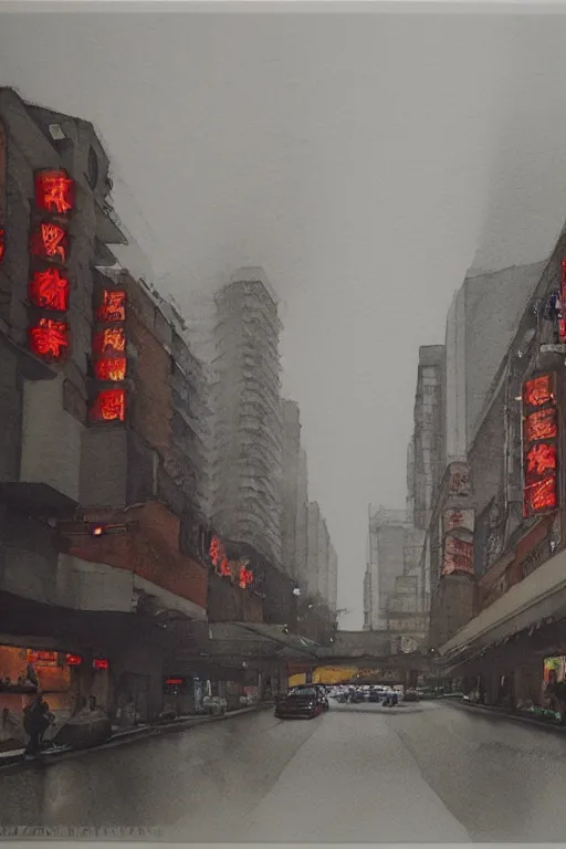 Prompt: A watercolor depicting an empty Xujiahui, gloomy weather, high contrast, smooth, by Joseph Zbikowicz, 8k