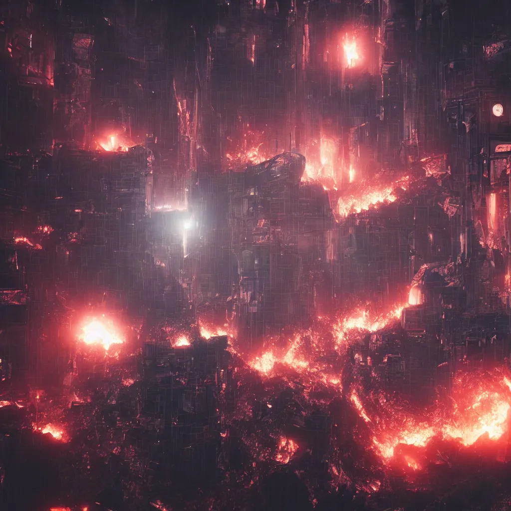 Image similar to a black hole is destroying a gothic cyberpunk City, catastrophic, fire and explosions, the feeling of dread, photorealistic, octane render, unreal engine