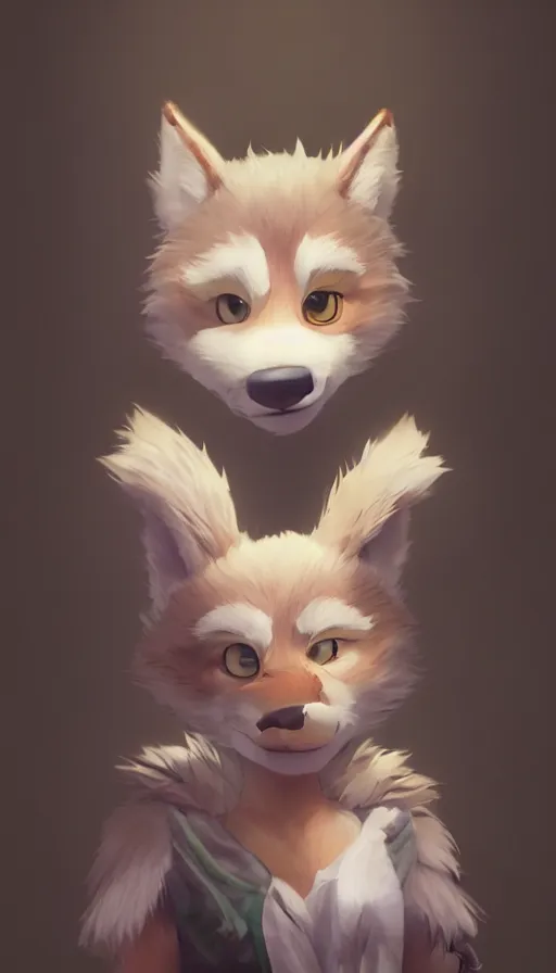 Prompt: portrait character design a cute fluffy wolf girl, style of maple story and zootopia, portrait studio lighting by jessica rossier