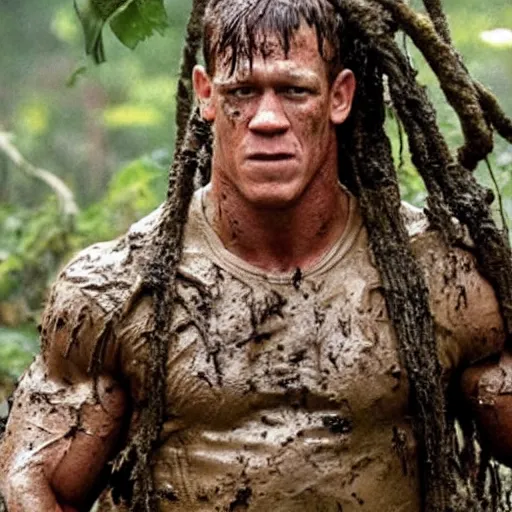 Prompt: film still of john cena as major dutch, covered in mud and hiding, predator!!!!!!!! looks for him in swamp scene in 1 9 8 7 movie predator, hd, 8 k