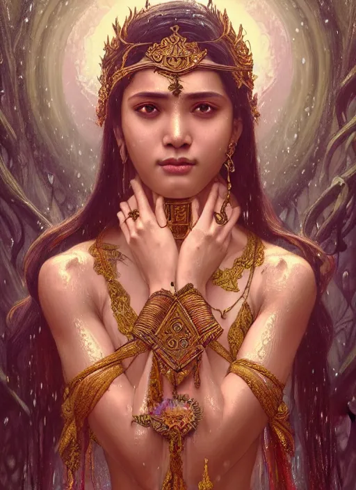 Prompt: kuntilanak on bayan tree, d & d, wet, shiny, fantasy, details face, intricate, baroque, elegant, higly detailed, dramatically art, ultra definition, digital painting, artstation, concept art, smooth, sharp focus, illustration, art by artgerm and greg rutkowski and alphonse mucha and garis edelweiss and alex flores