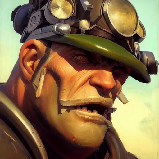 Image similar to greg manchess close - up portrait painting of a handsome older male dieselpunk orc with olive green skin as an overwatch character, medium shot, asymmetrical, profile picture, organic painting, sunny day, matte painting, bold shapes, hard edges, street art, trending on artstation, by huang guangjian and gil elvgren and sachin teng