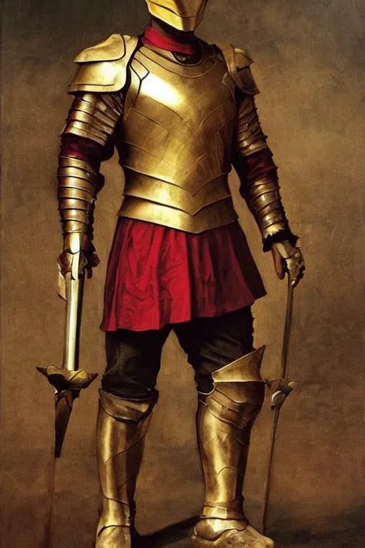 Prompt: robert downey jr wearing red and golden medieval armour, game of thrones, bouguereau
