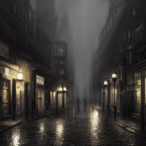 Image similar to victorian city street, dark, misty, at night, 8 k, detailed, concept art, trending on artstation