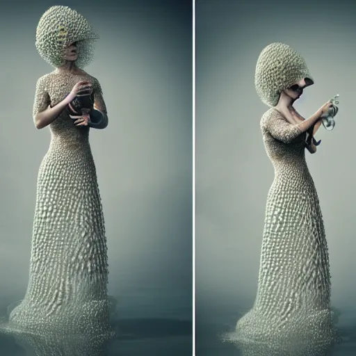 Prompt: medium shot of a woman wearing an armor made of thousands of bubbles. soft. fragile. by ray caesar. by louise dahl - wolfe. by anna claren. surreal photography. octane render