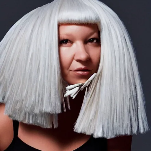 Prompt: Sia furler photoshoot wearing a leotard full body puffy sia wig