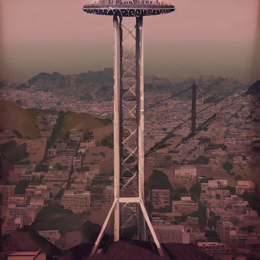 Image similar to sutro tower in san francisco, radio tower, twin peaks, digital art, artstation, octane render