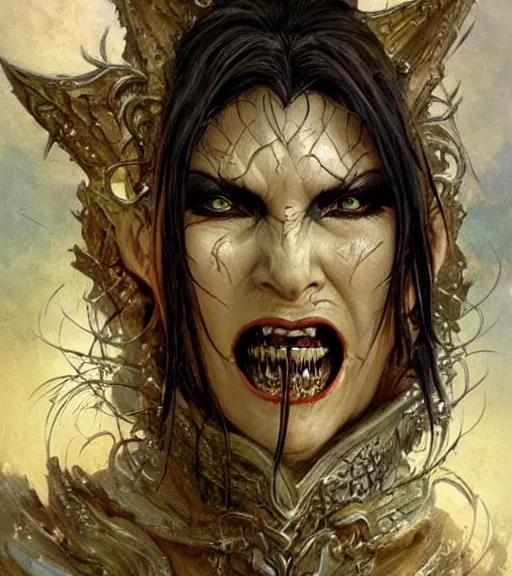 Image similar to a evil female half - orc fantasy priestess, art by karol bak and mark brooks and greg rutkowski, centered