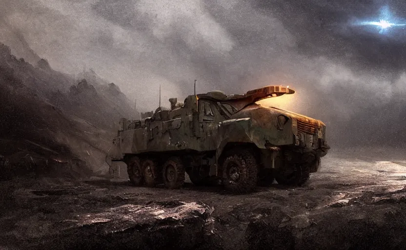 Prompt: a military vehicle in the mountain at night by Paul Chadeisson, blue headlights, dark image, stormy weather, landscape, military outpost, spotlights, atmospheric, artstation, concept art, illustration, sharp focus, high detail, octane render, intimidating