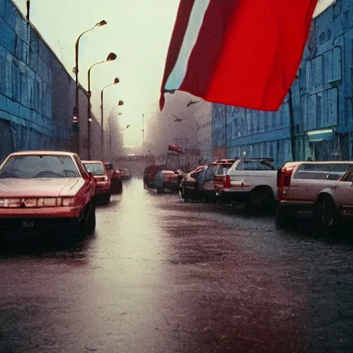 Image similar to 1990s movie , orbit space soviet city Norilsk street with many pedestrians as a loading screen , Cinestill 800t 18mm, heavy grainy picture, very detailed, high quality, 4k panoramic, dramatic lightning, streetlight at night, rain, mud, foggy, soviet flags