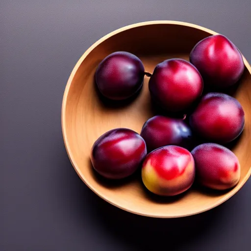 Image similar to concept art of a single thick porcelain bowl filled with a few moist freshly picked plums on a wooden table. volumetric lighting. 4 k. small scale. artistic. top down.