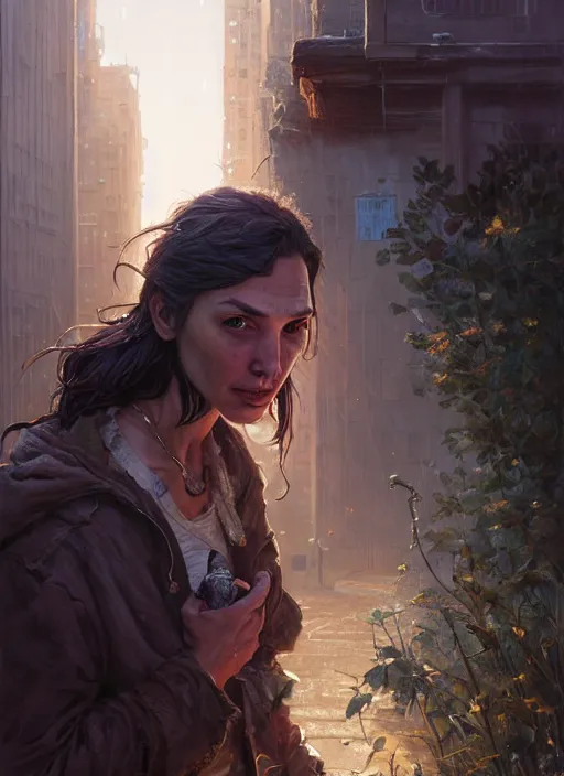 Image similar to Highly detailed portrait of homeless and beaten up Gal Gadot, Stephen Bliss, unreal engine, fantasy art by Greg Rutkowski, Loish, Rhads, ferdinand knab, Makoto Shinkai and Lois van baarle, ilya kuvshinov, rossdraws, Tom Bagshaw, alphonse mucha, global illumination, radiant light, detailed and intricate environment