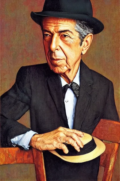 Image similar to “portrait of Leonard Cohen, impeccably dressed, wearing trilby hat, by norman Rockwell”