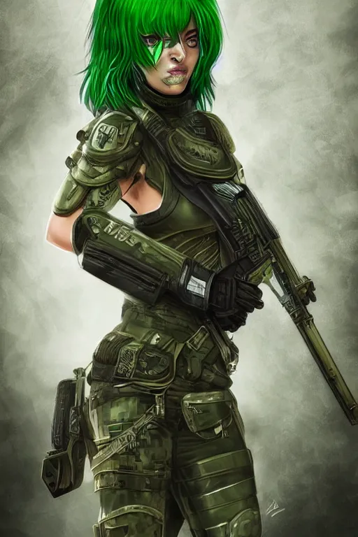 Image similar to female mercenary guard, bright green hair, pretty face, ultra detailed, digital art, 8k ,character ,realistic, portrait, hyperrealistic