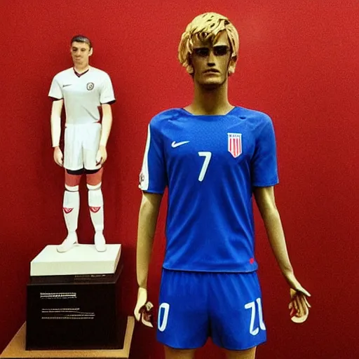 Image similar to “ a realistic detailed photo of a guy who is an attractive humanoid who is half robot and half humanoid, who is a male android, soccer player antoine griezmann, shiny skin, posing like a statue, blank stare, at the museum, on display ”