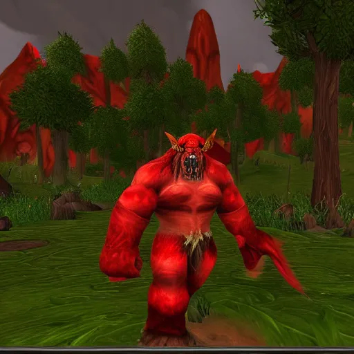 Image similar to world of warcraft troll in bloody red jungle