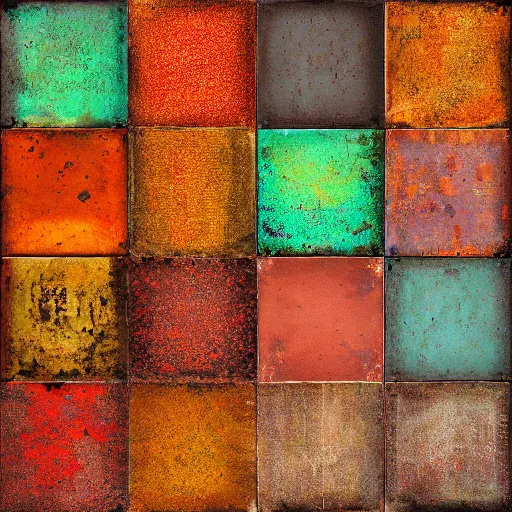 Image similar to large squares of different colors, rust texture, detailed