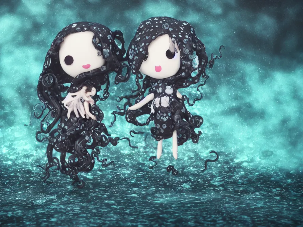 Prompt: cute fumo plush gothic octopus maiden alien girl swimming in the waves of the dark galactic abyss, tattered ragged gothic dress, ocean waves and reflective splashing water, vignette, vray