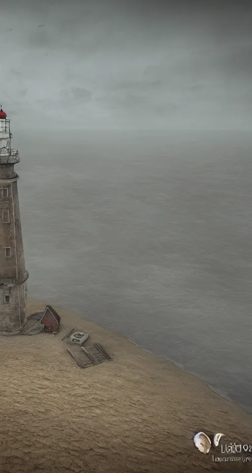 Image similar to wide - shot of lighthouse on the sand seashore, misty background, from the game pathologic 2, highly detailed, sharp focus, matte painting, by isaac levitan and asher brown durand,