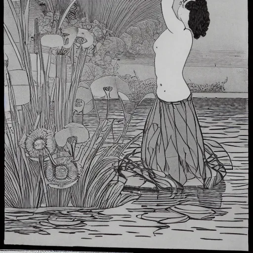 Image similar to A girl bathes in a lake where water lilies are floating, lithography by Aubrey Beardsley, High definition, detailed,