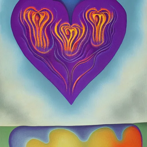 Prompt: a highly detailed painting of the purple hearts in flames, inspired by dali, matisse, klee, bosch, david hockney, trending on artstation, 4 k