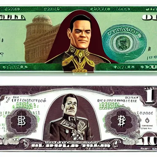 Image similar to Raul Julia's M. Bison, bison dollar notes