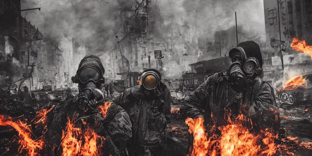 Image similar to post - apocalyptic city streets, close - up shot of an anarchist with a gasmask, burning cars, explosions, acid color smoke, hyperrealistic, gritty, damaged, urban photography, photorealistic, high details