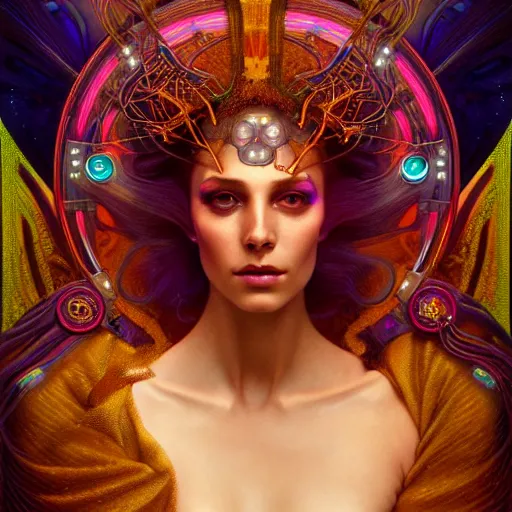 Image similar to extremely psychedelic beautiful cyborg queen of lsd infected by night. intricate, elegant, highly detailed, extremely lifelike photorealistic digital painting, artstation. steichen, gaston bussiere, tom bagshaw, cyberpunk alphonse mucha. elegant minimalism. anatomically correct. sultry. sharp focus. gold. surreal lush hallucination