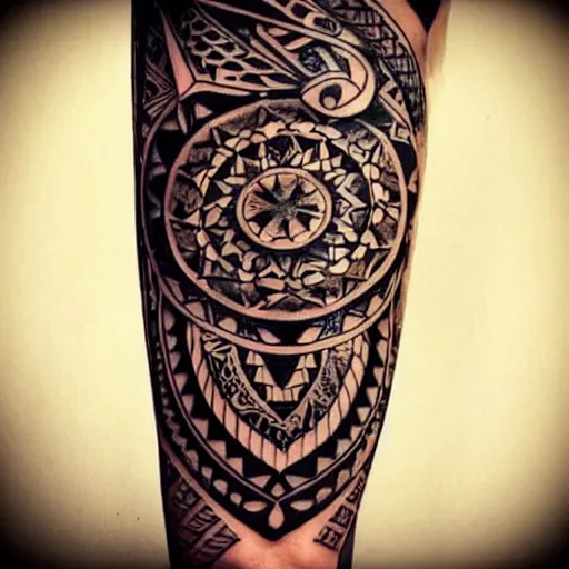 Prompt: tribal tattoo along forearm