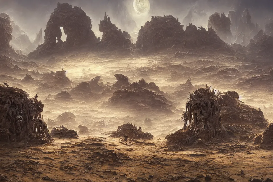 Image similar to giant metal skull ruin in unrecognizable alien landscape, oil painting, concept art, filip hodas, john howe, mike winkelmann, jessica rossier, andreas rocha, bruce pennington, albert bierstadt, 4 k