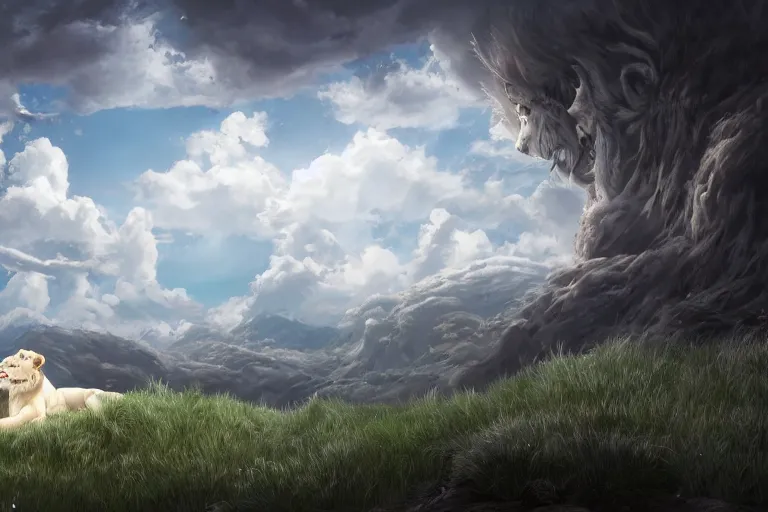 Image similar to a vast scene, panorama distant view, hyper detailed scene render of a boy and white lion, gather in the center of the picture, finely detailed perfect face delicate features directed gaze, in the white clouds fairyland, golden curve structure, animation portrait concept art, trending on pixiv fanbox, violet evergarden, studio ghibli, james jean, extremely high quality artwork