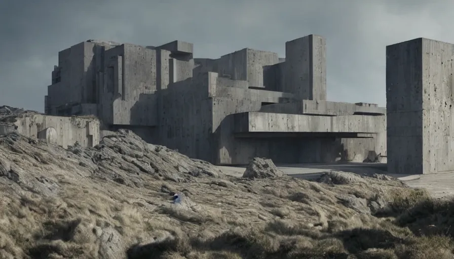 Prompt: big brutalist imperial military base on cliffs, drawing architecture, imperial architecture in rogue one, pritzker architecture prize, brutalism architecture, cinematic shot, by greig fraser, by emmanuel lubezki, robert richardson, hoyte van hoytema, roger deankins