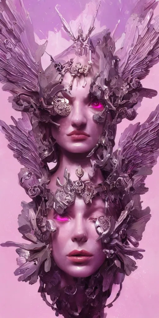 Image similar to female angel queen head wearing shiny pink crown, subtle purple accents, hyper details, black metal rococo, sculpted by Alex Alice, Craig Mullins, yoji shinkawa, trending on artstation, beautifully lit, Peter mohrbacher, hyper detailed, elite, elegant, luxury, ray of light through smoke, CGsociety, hypermaximalist, golden ratio, neofuture, volumetric, octane render, weta digital, micro details, 3d sculpture