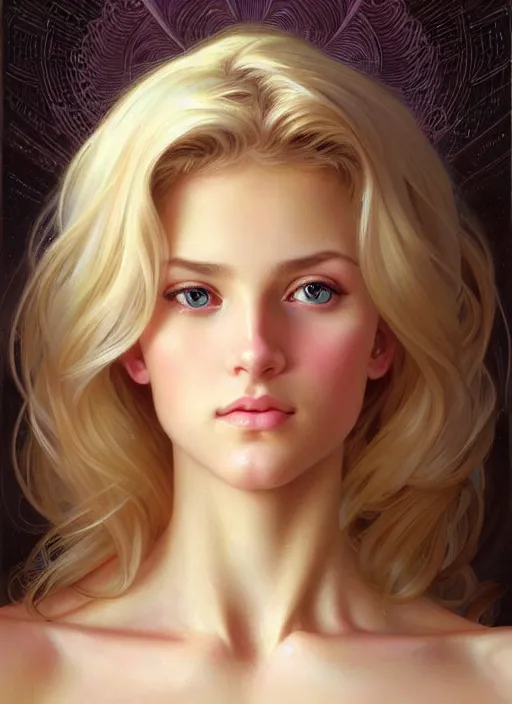 Image similar to face of feminine perfection!! concept art portrait of young wife blessed by god to uncontrollably become overwhelmingly perfect, blonde, symmetrical! intricate, sensual features, highly detailed, biblical!! holy perfection!! digital painting, artstation, smooth, sharp focus, illustration, art by artgerm and greg rutkowski and alphonse mucha