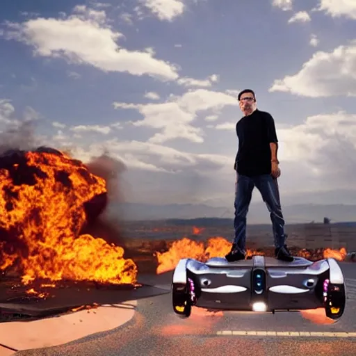 Prompt: Photo of Walter White standing on a hoverboard with several burning buildings behind him, centered, cinematic lighting, highly detailed, 8k