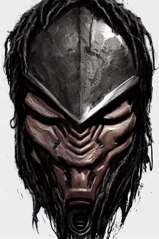 Prompt: predator 1 9 8 7 masked face redesign, portrait, highly detailed, black smooth dreadlocks, mandables, digital painting, trending on artstation, concept art, illustration